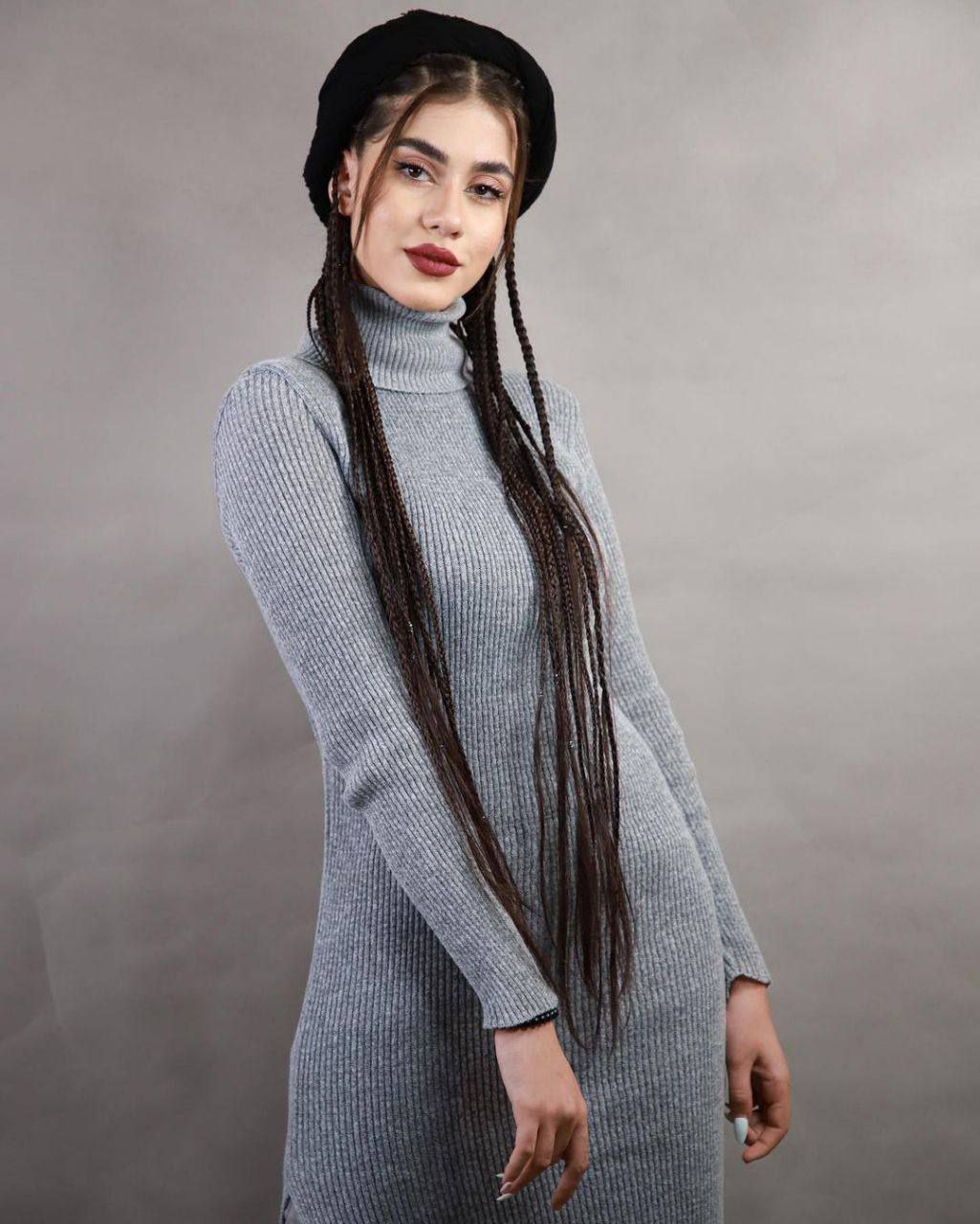 لباس بافت زنانه بلند طوسی بافت ریز